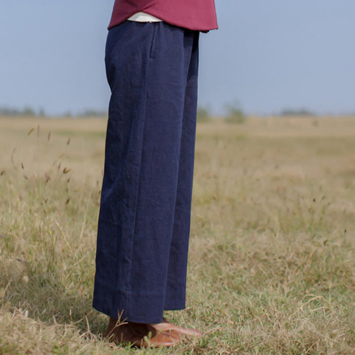 Pantalon large décontracté uni ample en ramie pour femme avec poches Buddha Stones