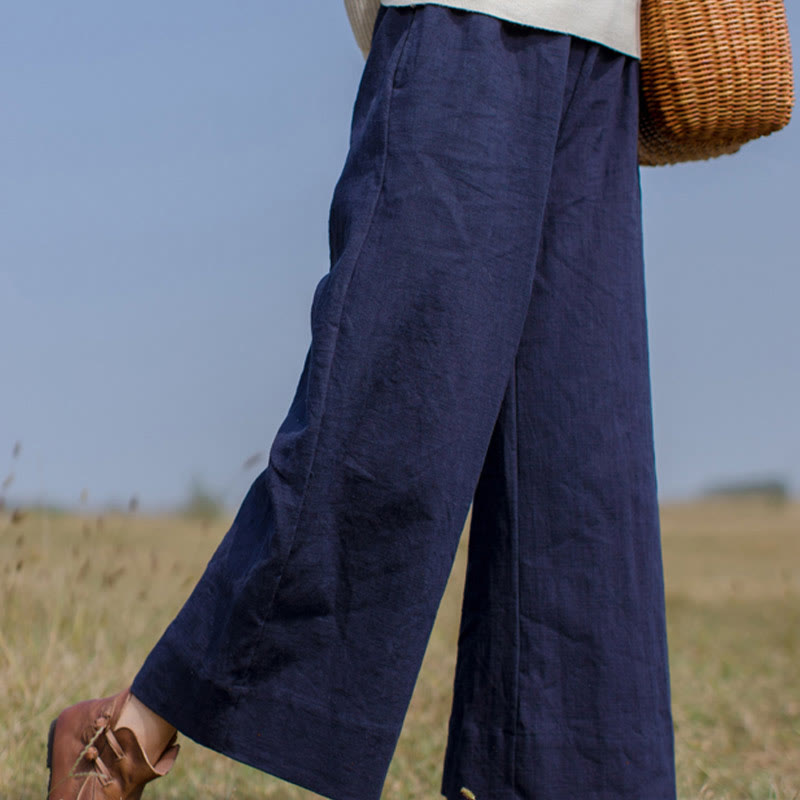 Pantalon large décontracté uni ample en ramie pour femme avec poches Buddha Stones