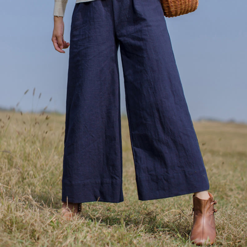Pantalon large décontracté uni ample en ramie pour femme avec poches Buddha Stones