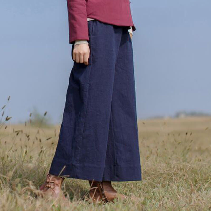 Pantalon large décontracté uni ample en ramie pour femme avec poches Buddha Stones