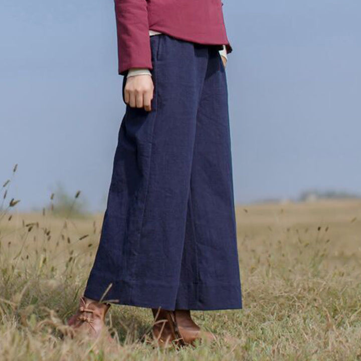 Pantalon large décontracté uni ample en ramie pour femme avec poches Buddha Stones