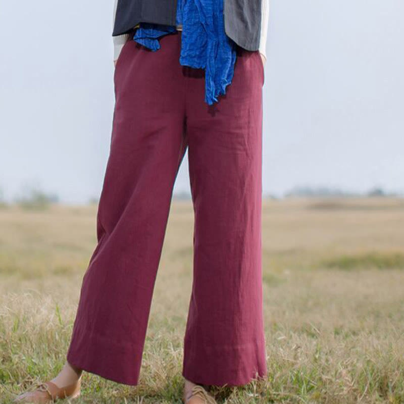 Pantalon large décontracté uni ample en ramie pour femme avec poches Buddha Stones