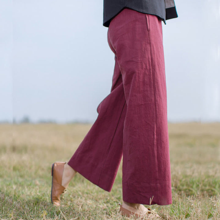 Pantalon large décontracté uni ample en ramie pour femme avec poches Buddha Stones