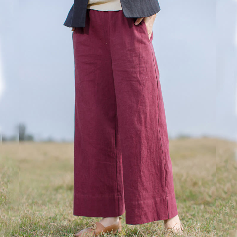 Pantalon large décontracté uni ample en ramie pour femme avec poches Buddha Stones