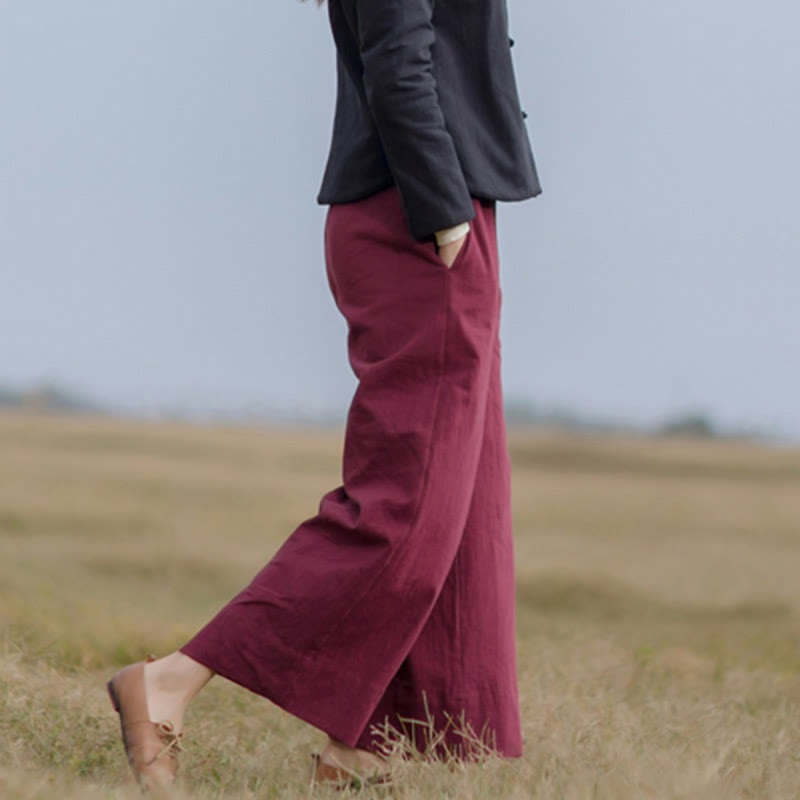 Pantalon large décontracté uni ample en ramie pour femme avec poches Buddha Stones