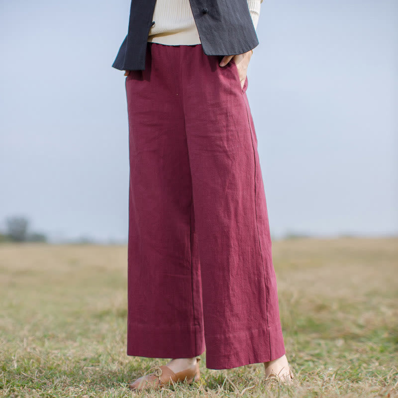 Pantalon large décontracté uni ample en ramie pour femme avec poches Buddha Stones