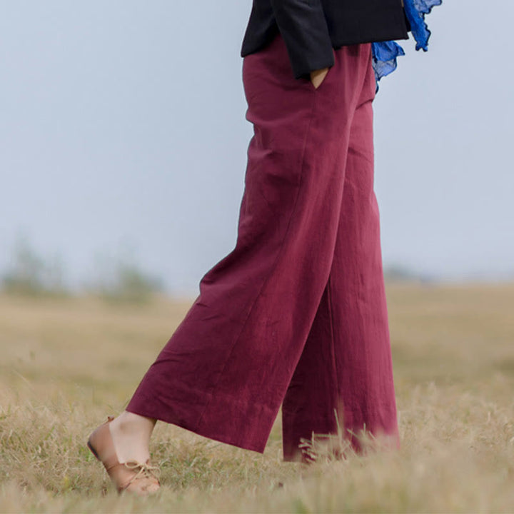 Pantalon large décontracté uni ample en ramie pour femme avec poches Buddha Stones