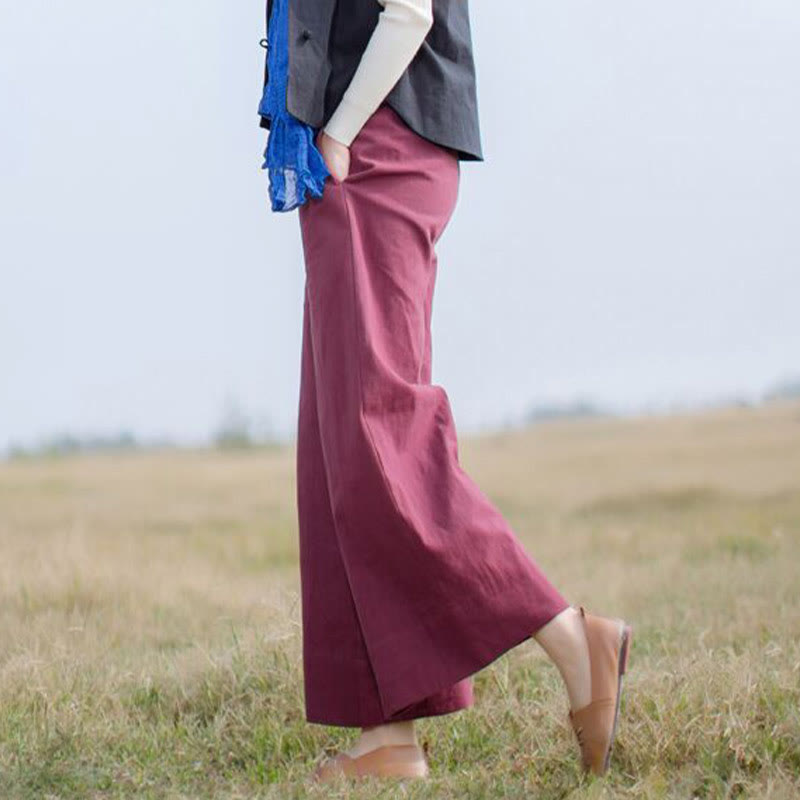 Pantalon large décontracté uni ample en ramie pour femme avec poches Buddha Stones