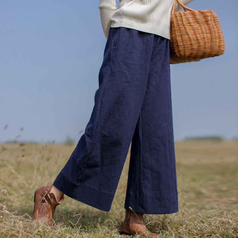 Pantalon large décontracté uni ample en ramie pour femme avec poches Buddha Stones - Bleu nuit - US6，UK/AU10，EU38 (L) - image 0