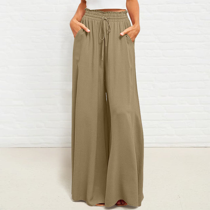 Pantalon large Buddha Stones taille haute élastique en polyester pour femme avec poches