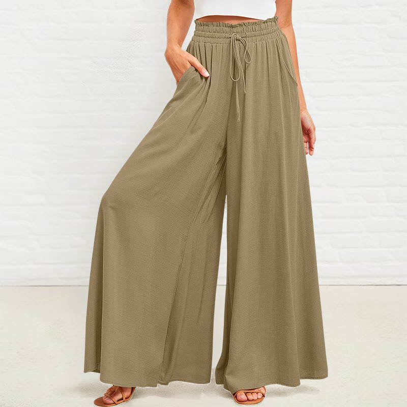 Pantalon large Buddha Stones taille haute élastique en polyester pour femme avec poches