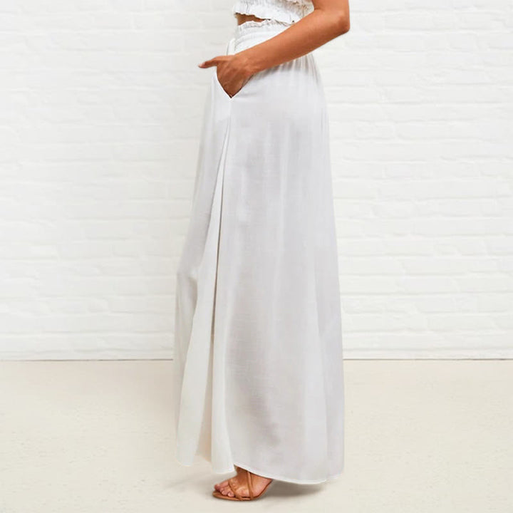 Pantalon large Buddha Stones taille haute élastique en polyester pour femme avec poches