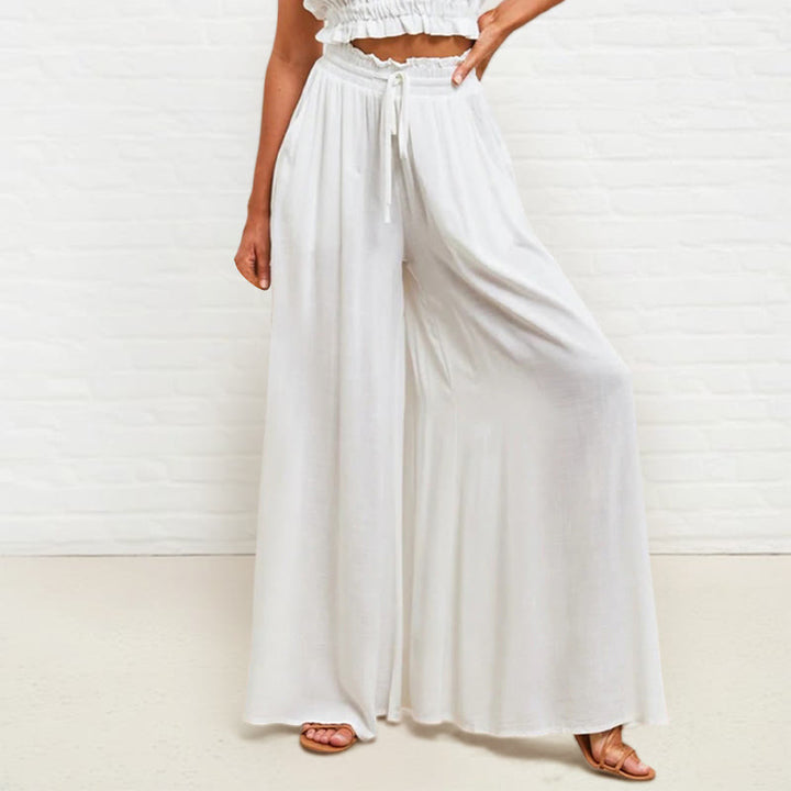 Pantalon large Buddha Stones taille haute élastique en polyester pour femme avec poches