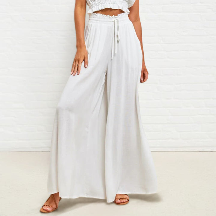 Pantalon large Buddha Stones taille haute élastique en polyester pour femme avec poches