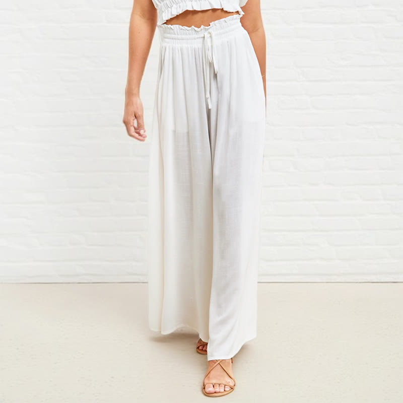 Pantalon large Buddha Stones taille haute élastique en polyester pour femme avec poches