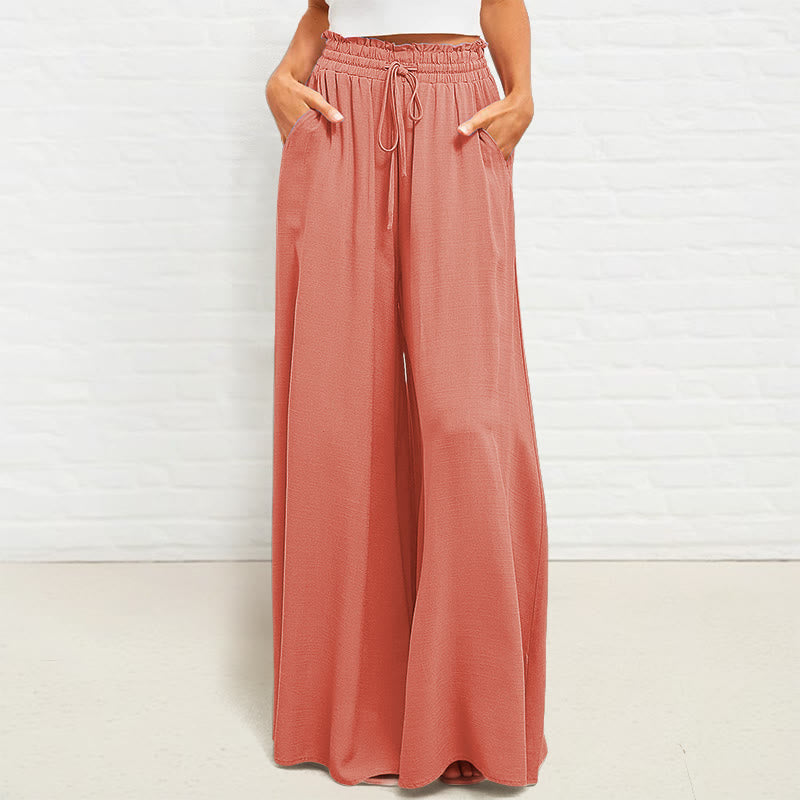 Pantalon large Buddha Stones taille haute élastique en polyester pour femme avec poches