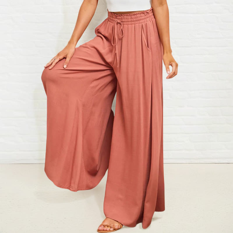 Pantalon large Buddha Stones taille haute élastique en polyester pour femme avec poches