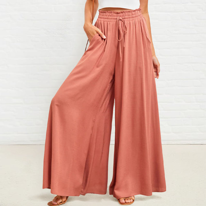 Pantalon large Buddha Stones taille haute élastique en polyester pour femme avec poches