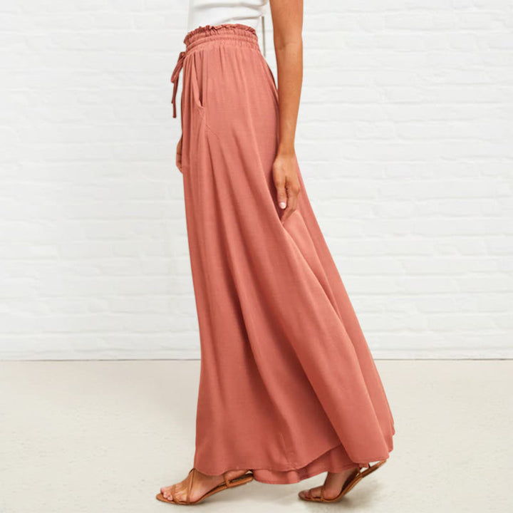 Pantalon large Buddha Stones taille haute élastique en polyester pour femme avec poches