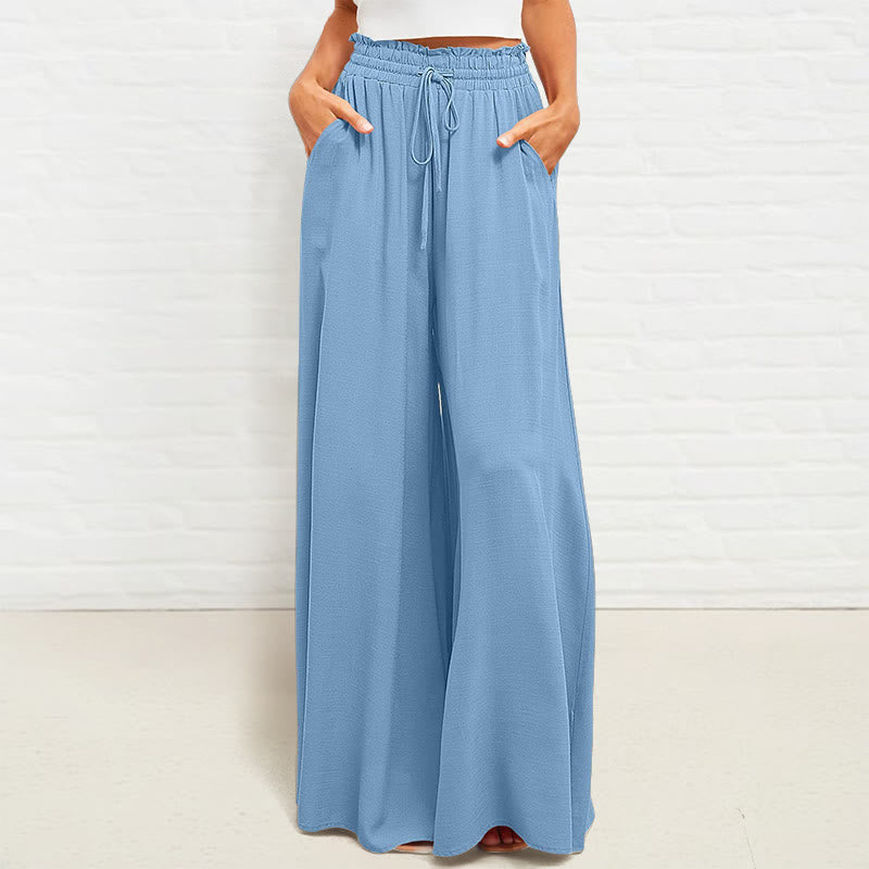 Pantalon large Buddha Stones taille haute élastique en polyester pour femme avec poches