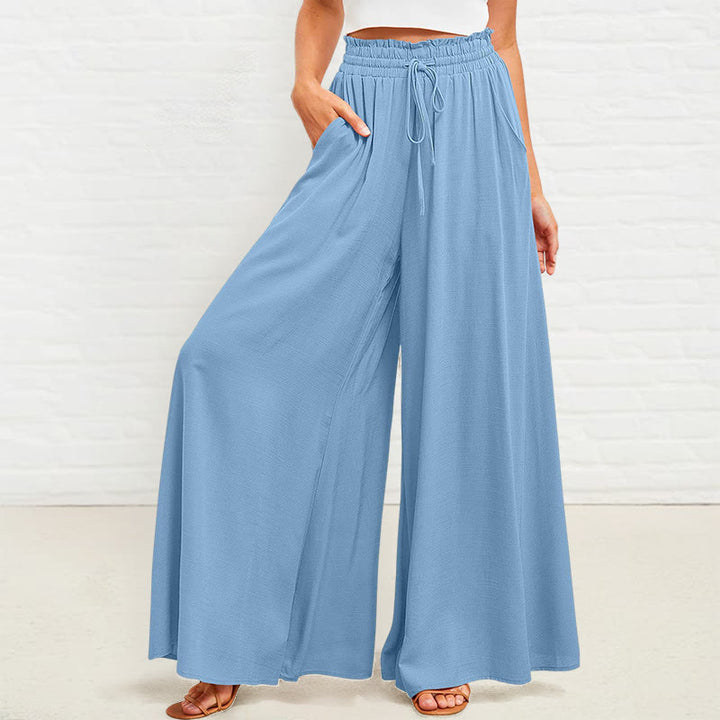 Pantalon large Buddha Stones taille haute élastique en polyester pour femme avec poches