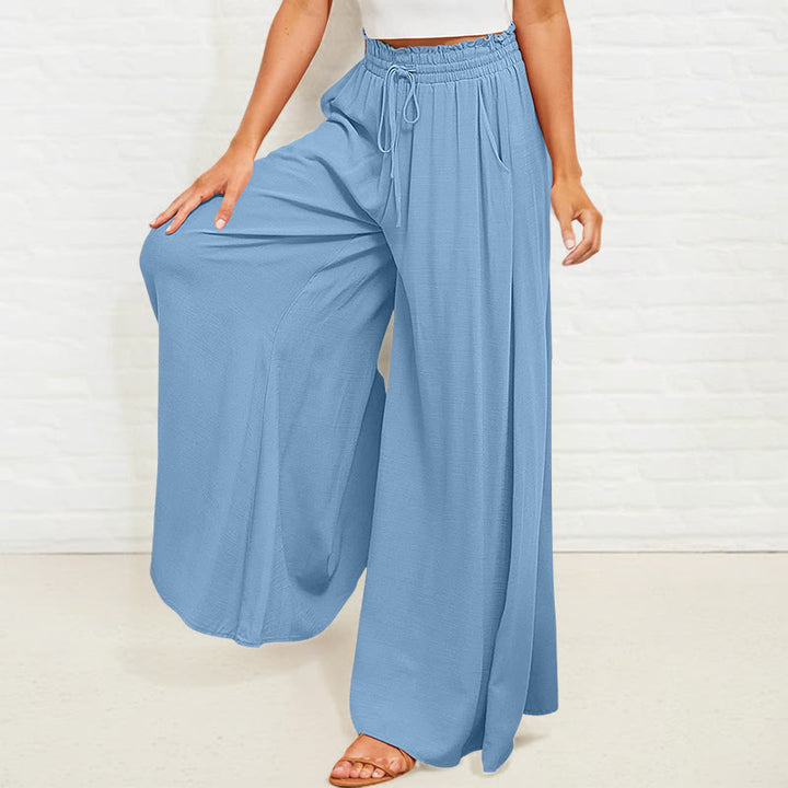 Pantalon large Buddha Stones taille haute élastique en polyester pour femme avec poches