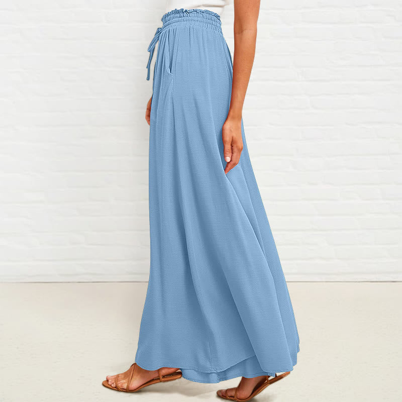 Pantalon large Buddha Stones taille haute élastique en polyester pour femme avec poches