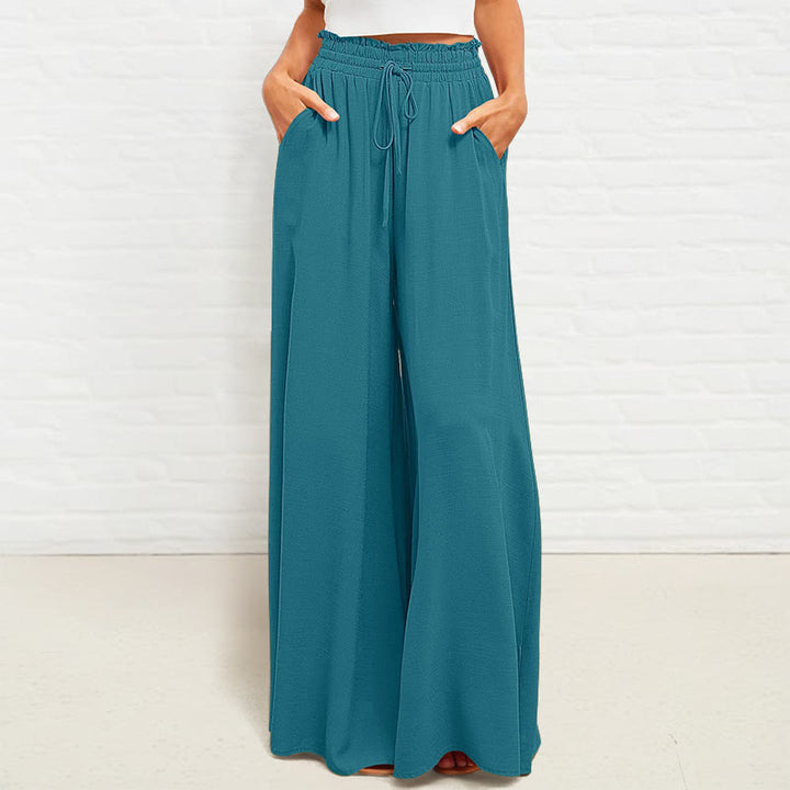 Pantalon large Buddha Stones taille haute élastique en polyester pour femme avec poches