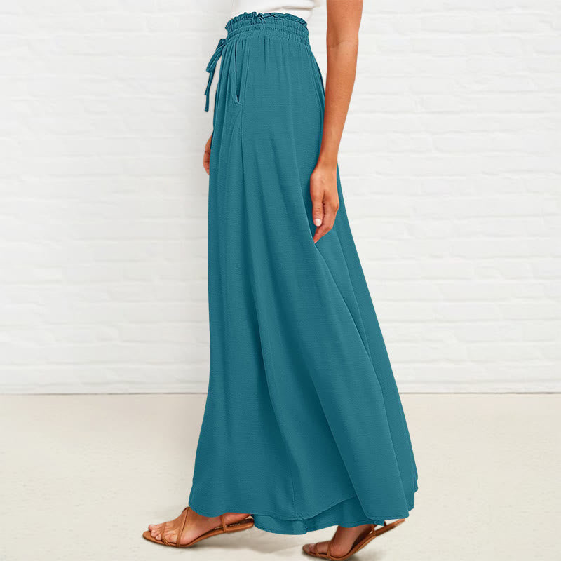 Pantalon large Buddha Stones taille haute élastique en polyester pour femme avec poches