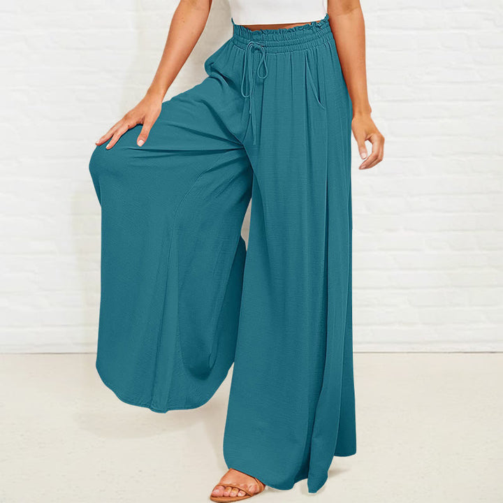 Pantalon large Buddha Stones taille haute élastique en polyester pour femme avec poches