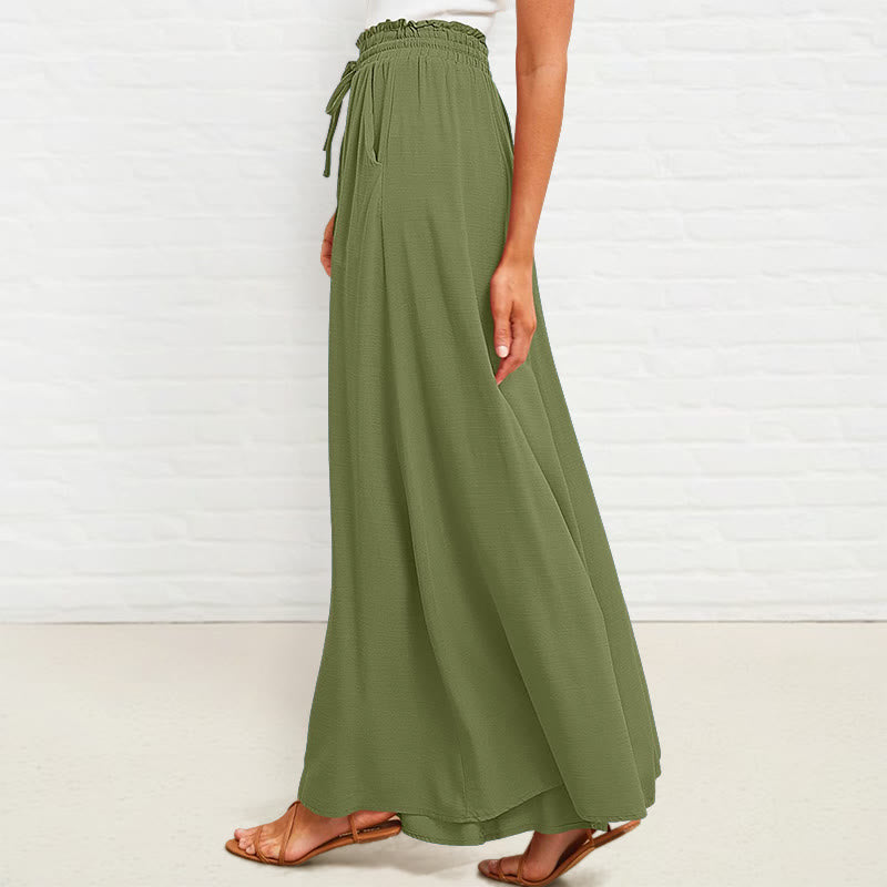 Pantalon large Buddha Stones taille haute élastique en polyester pour femme avec poches