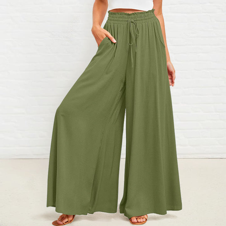 Pantalon large Buddha Stones taille haute élastique en polyester pour femme avec poches