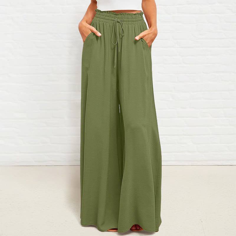 Pantalon large Buddha Stones taille haute élastique en polyester pour femme avec poches