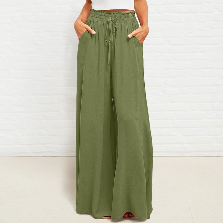 Pantalon large Buddha Stones taille haute élastique en polyester pour femme avec poches
