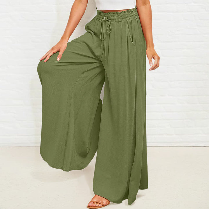 Pantalon large Buddha Stones taille haute élastique en polyester pour femme avec poches