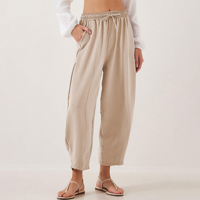 Pantalon Buddha Stones uni ample en polyester avec cordon de serrage pour femme avec poches et longueur 7/8
