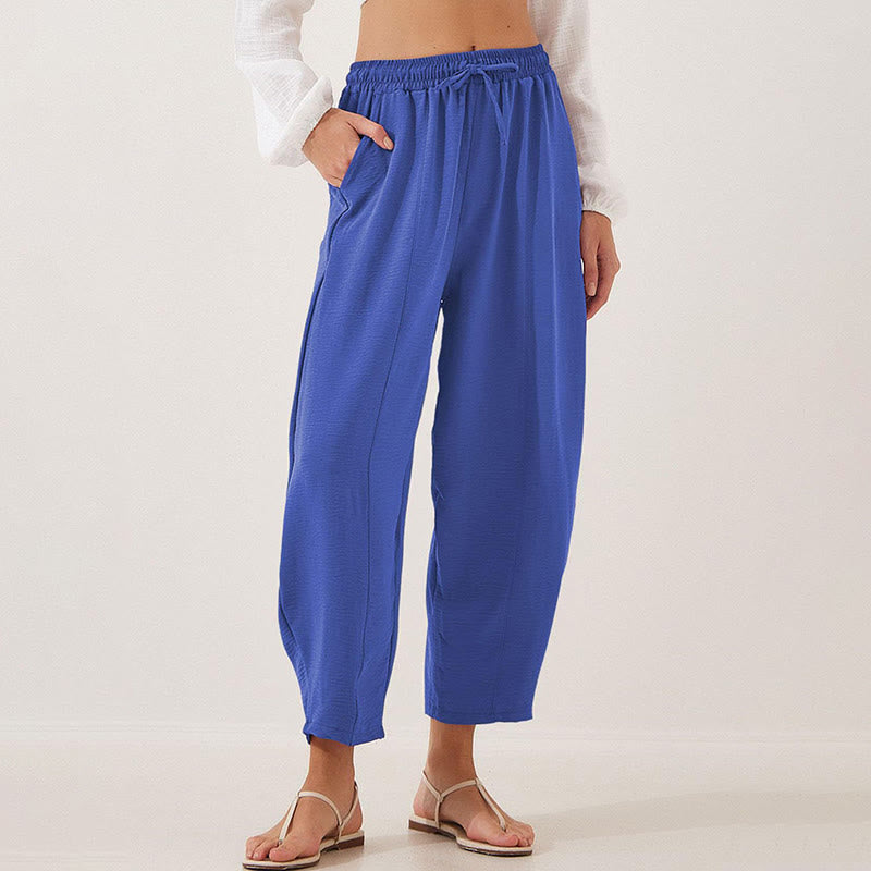 Pantalon Buddha Stones uni ample en polyester avec cordon de serrage pour femme avec poches et longueur 7/8