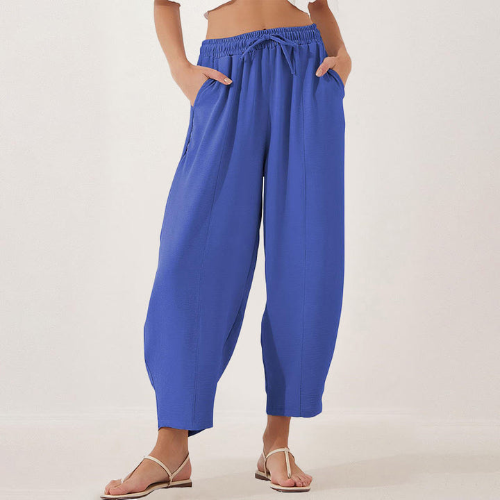 Pantalon Buddha Stones uni ample en polyester avec cordon de serrage pour femme avec poches et longueur 7/8