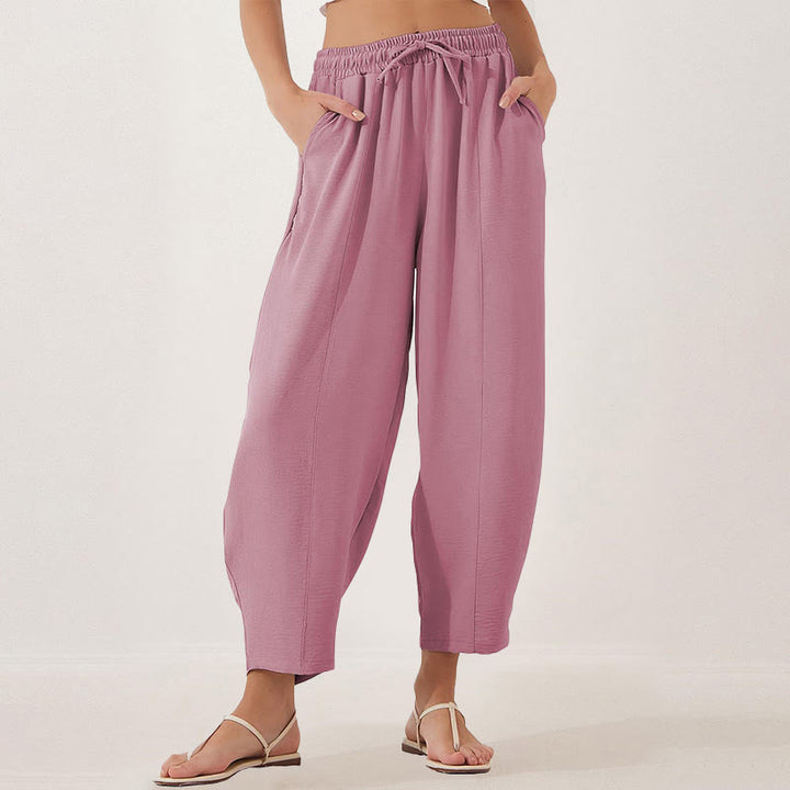 Pantalon Buddha Stones uni ample en polyester avec cordon de serrage pour femme avec poches et longueur 7/8