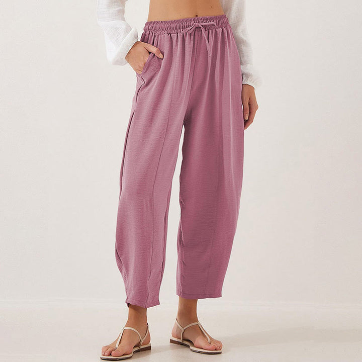 Pantalon Buddha Stones uni ample en polyester avec cordon de serrage pour femme avec poches et longueur 7/8