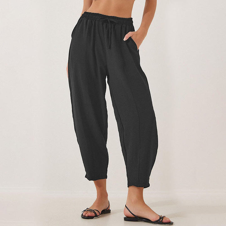 Pantalon Buddha Stones uni ample en polyester avec cordon de serrage pour femme avec poches et longueur 7/8