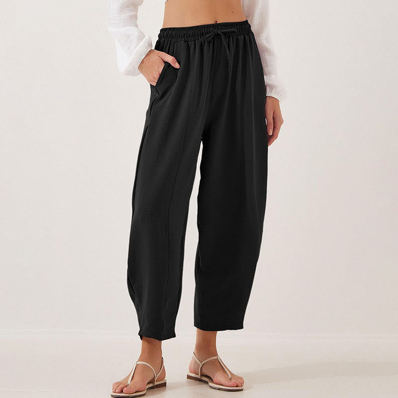 Pantalon Buddha Stones uni ample en polyester avec cordon de serrage pour femme avec poches et longueur 7/8