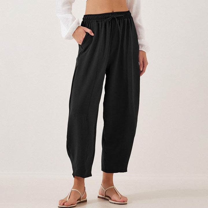 Pantalon Buddha Stones uni ample en polyester avec cordon de serrage pour femme avec poches et longueur 7/8