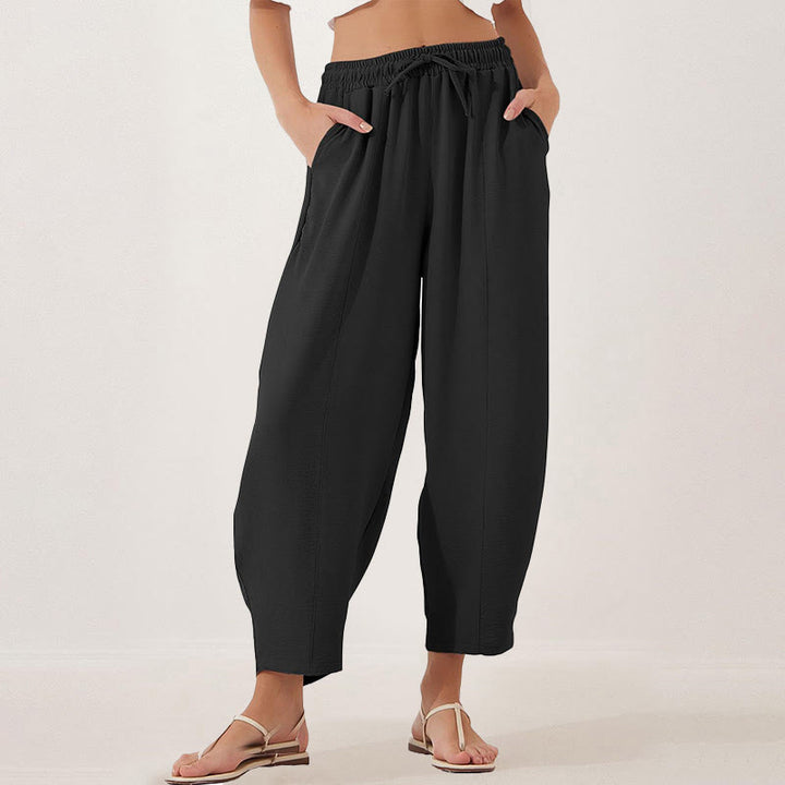 Pantalon Buddha Stones uni ample en polyester avec cordon de serrage pour femme avec poches et longueur 7/8