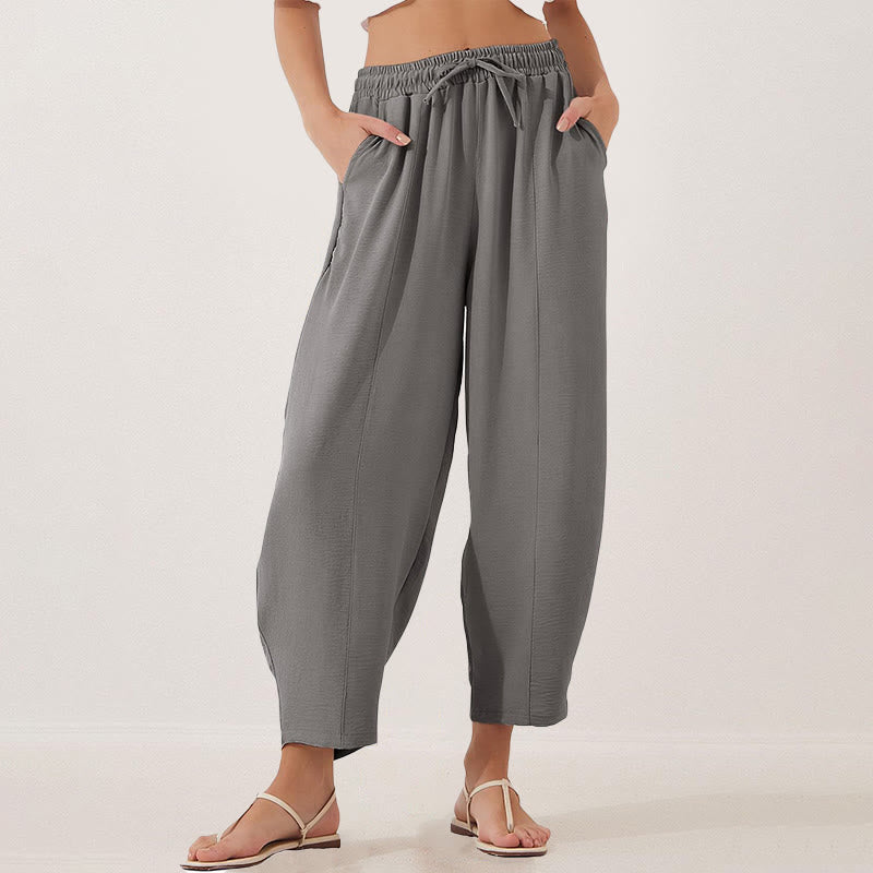 Pantalon Buddha Stones uni ample en polyester avec cordon de serrage pour femme avec poches et longueur 7/8