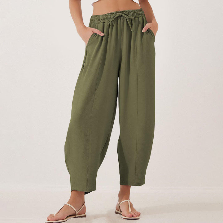 Pantalon Buddha Stones uni ample en polyester avec cordon de serrage pour femme avec poches et longueur 7/8