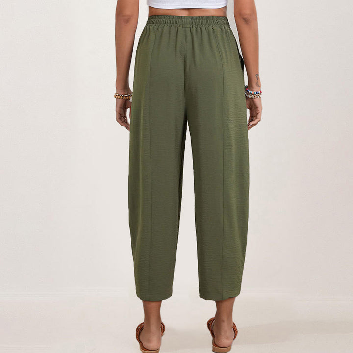 Pantalon Buddha Stones uni ample en polyester avec cordon de serrage pour femme avec poches et longueur 7/8