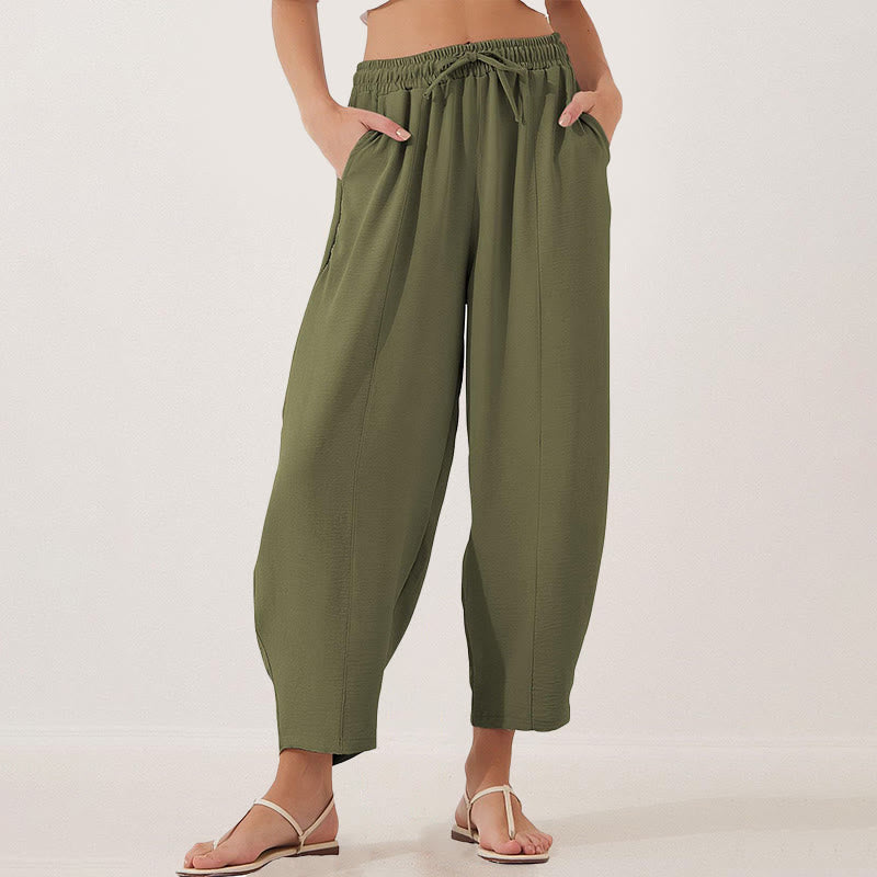 Pantalon Buddha Stones uni ample en polyester avec cordon de serrage pour femme avec poches et longueur 7/8