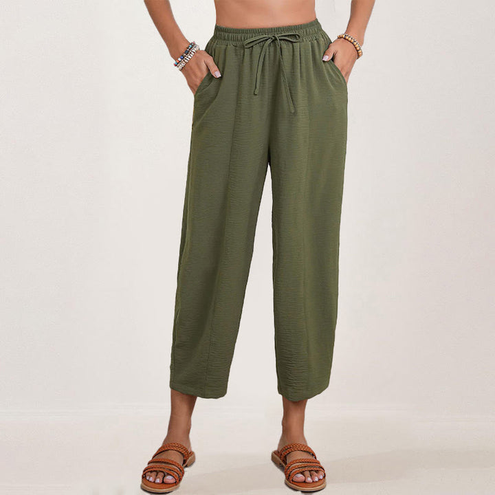Pantalon Buddha Stones uni ample en polyester avec cordon de serrage pour femme avec poches et longueur 7/8