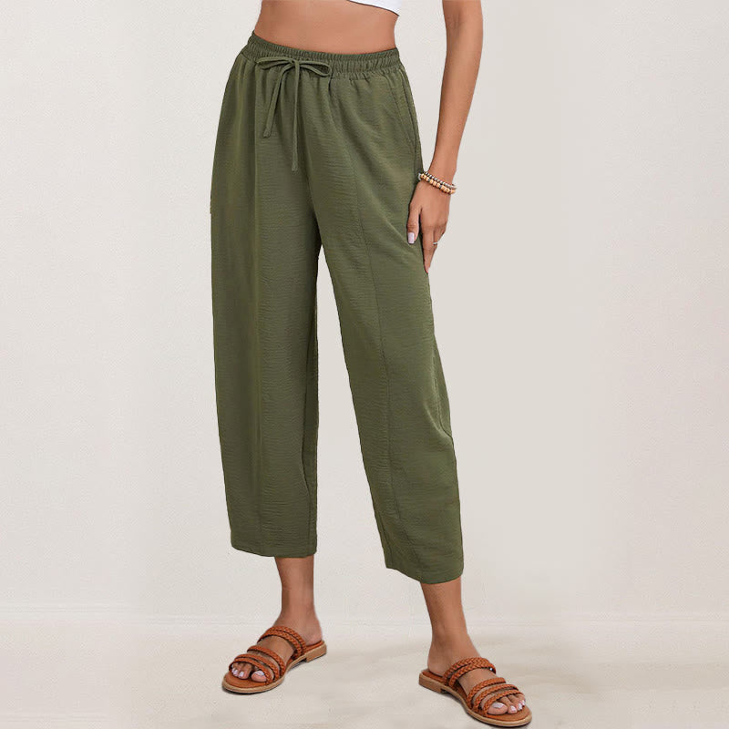 Pantalon Buddha Stones uni ample en polyester avec cordon de serrage pour femme avec poches et longueur 7/8
